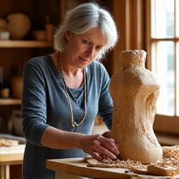 Portrait of Elara Vance, a wood sculptor, in her sunlit workshop, with wood shavings and tools visible, a serene expression as she works on a intricate piece of wood sculpture.