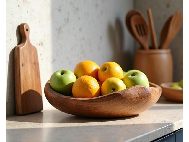 A rustic kitchen counter featuring practical and decorative wooden items: a unique wooden fruit bowl filled with citrus, a carved utensil holder, and a small decorative board, all contributing to a warm, inviting kitchen aesthetic.
