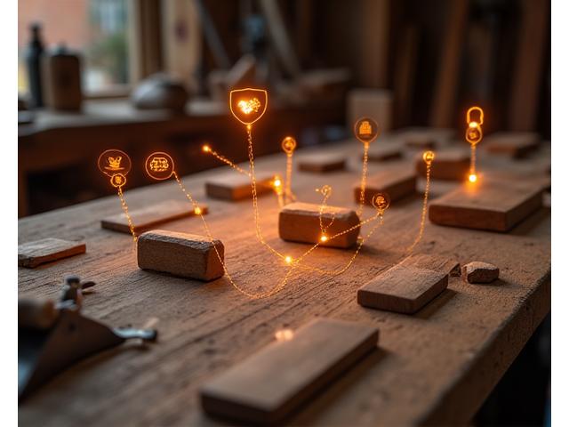 Close-up of a rustic wooden workbench, with digital security icons overlaid, symbolizing data protection in a woodworking context.