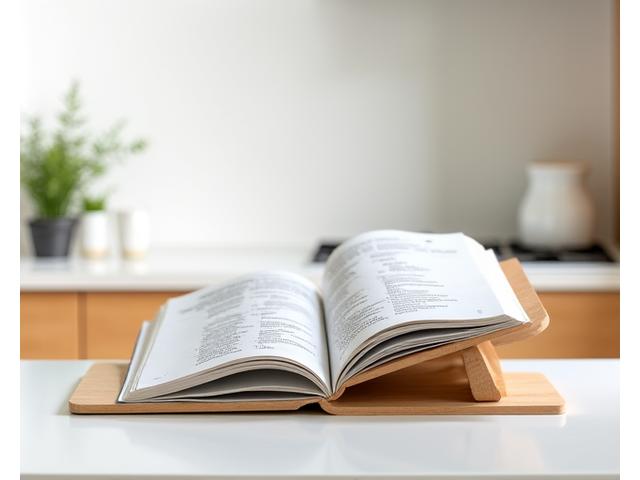 Maple wood cookbook stand holding an open cookbook